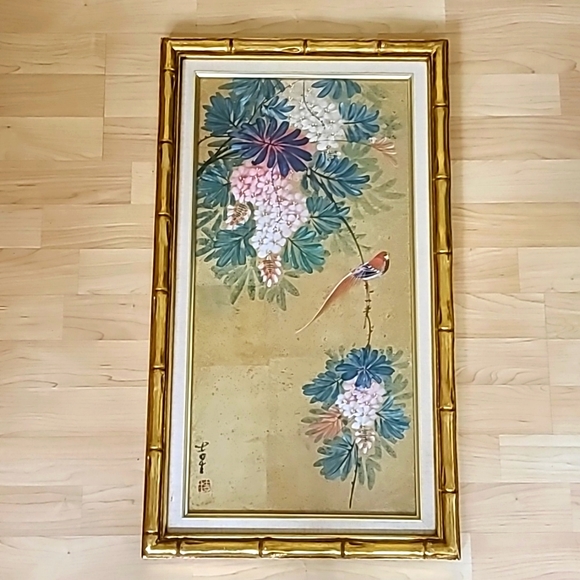 Vintage Chinese Panel Watercolor Painting Red Birds & Flowers Signed - Picture 1 of 7